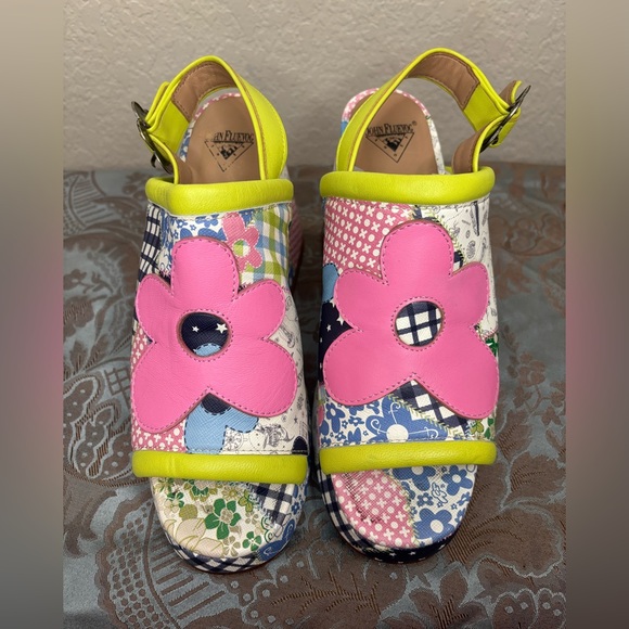 John Fluevog Picnic Riverdale Patchwork Slingback Platform Heels Size 8 - Picture 3 of 11